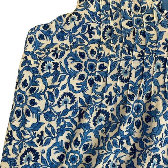 Vineyard Vines Sz L Katama Tile Blue Scarf Pintuck Top Blouse Coastal Boho - Picture 15 of 16